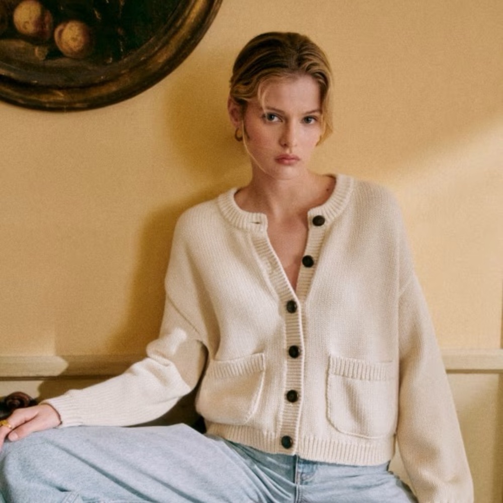 Sezane Titouan Cream Button-Up Knit Cardigan
